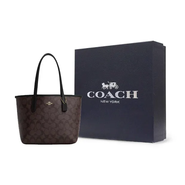 COACH City Leather Tote Bag, Shopping Bag, Shoulder Bag Medium Size Women's Gold & Brown Black-5