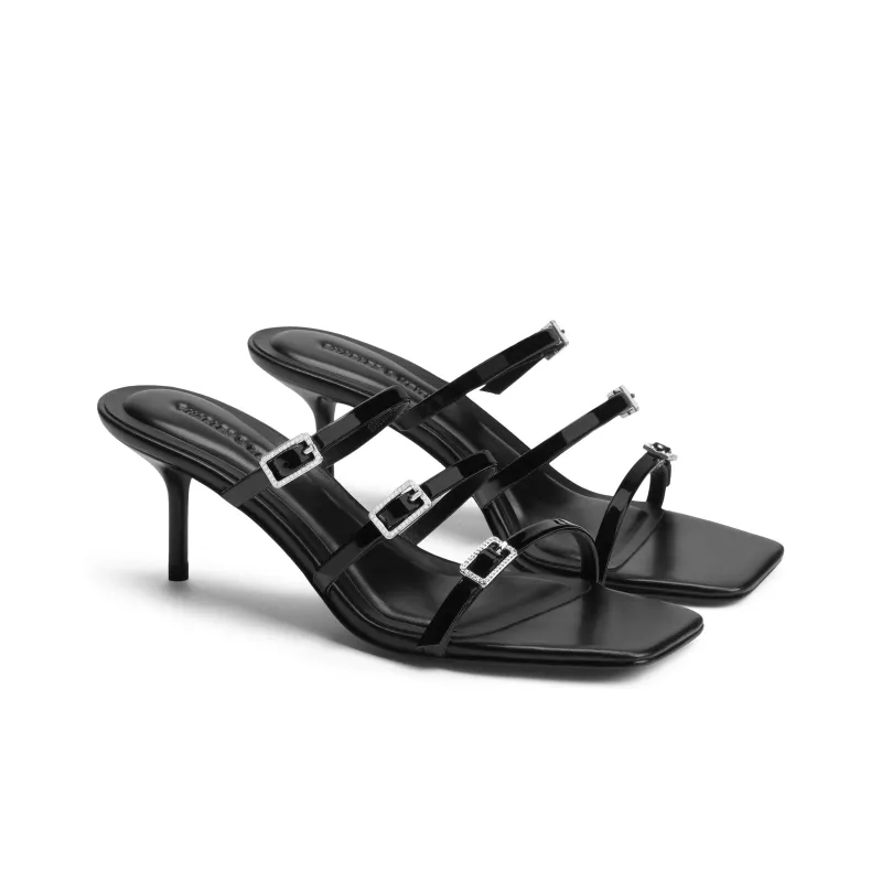 CHARLES&KEITH Composite Sole Slide Slippers 6.5cm Women's Black Patent Black/Silver/Dark Denim Blue-1