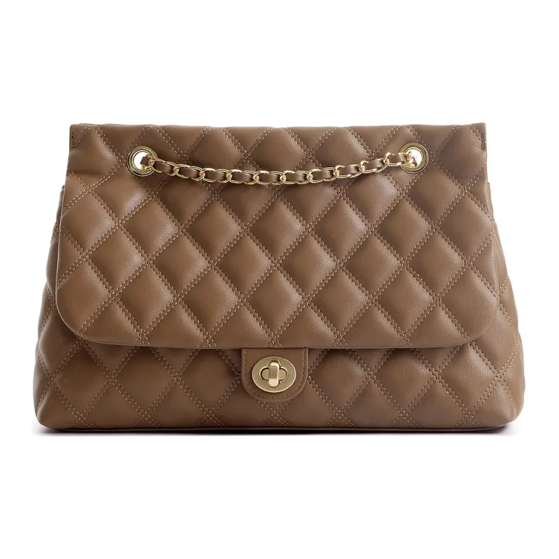 FERIA Natural Cow Leather Diamond Pattern Shopping Bag Shoulder Bag Medium Size Women's Black/Brown/Ecru-15
