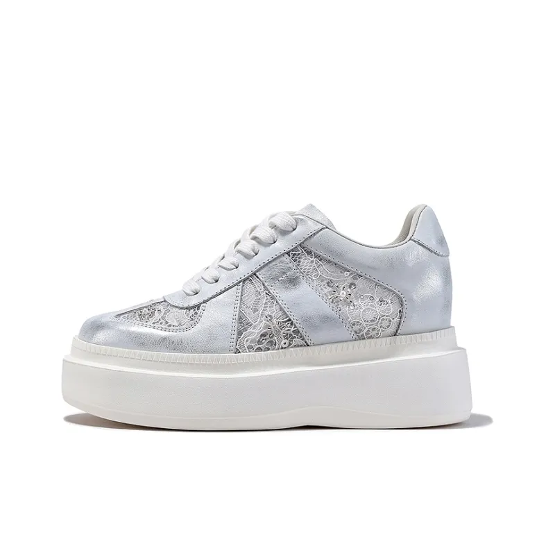 BELLALILY Anti Slip And Wear Resistant Height Increasing Low Top Skateboard Shoes Women's Silver, Gold-2