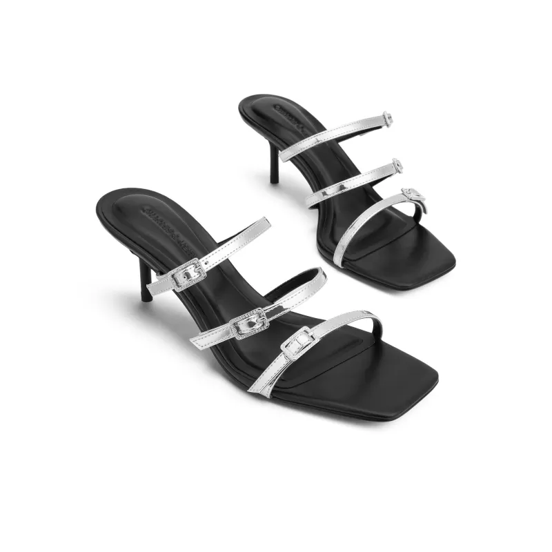CHARLES&KEITH Composite Sole Slide Slippers 6.5cm Women's Black Patent Black/Silver/Dark Denim Blue-7