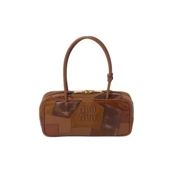 MIU MIU Cow Leather And Sheepskin Bowling Bag Crossbody Handbag Shoulder Bag Women's Cognac