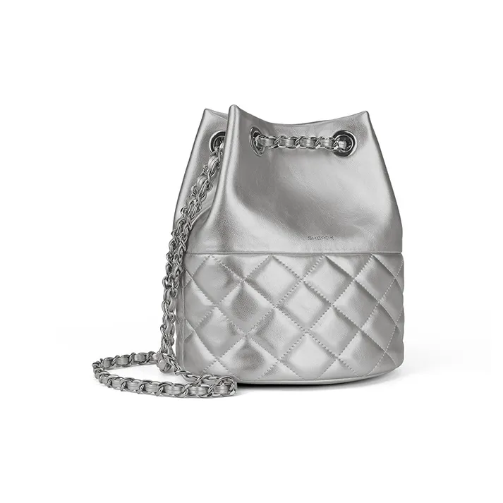 SHEPOK Cow Leather Shoulder Bag Women's Ecru/Silver/Black-7