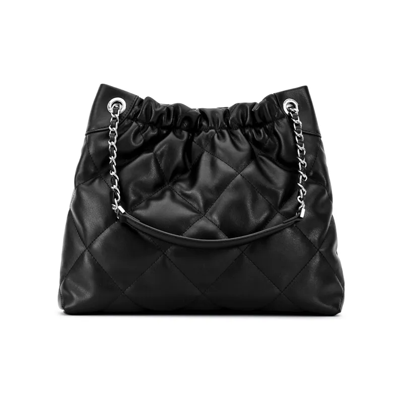 FERIA Cow Leather Diamond Pattern Pocket Shoulder Bag Medium Size Women's Black/Greige-3