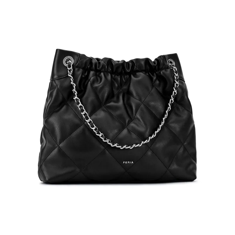 FERIA Cow Leather Diamond Pattern Pocket Shoulder Bag Medium Size Women's Black/Greige-2