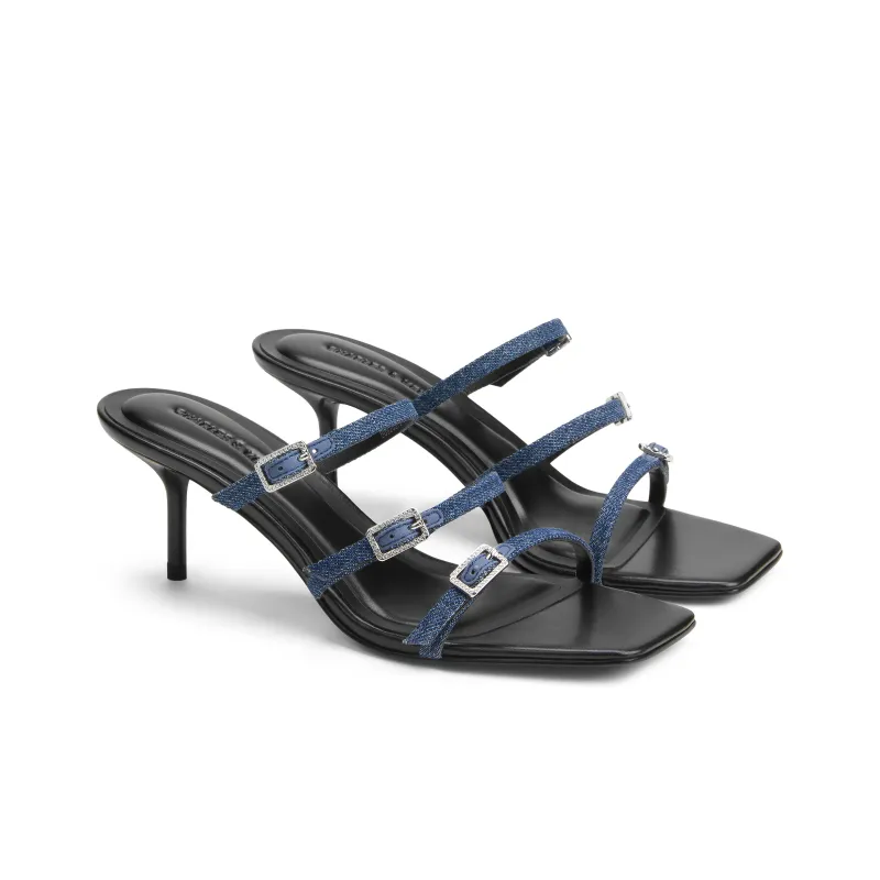 CHARLES&KEITH Composite Sole Slide Slippers 6.5cm Women's Black Patent Black/Silver/Dark Denim Blue-11