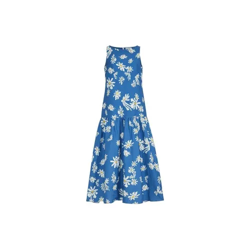 Short Sentence Sleeveless Dresses Women's Blue Background With White Flowers