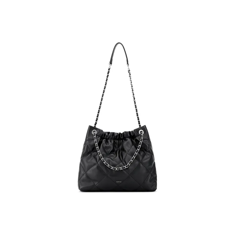 FERIA Cow Leather Diamond Pattern Pocket Shoulder Bag Medium Size Women's Black/Greige-4