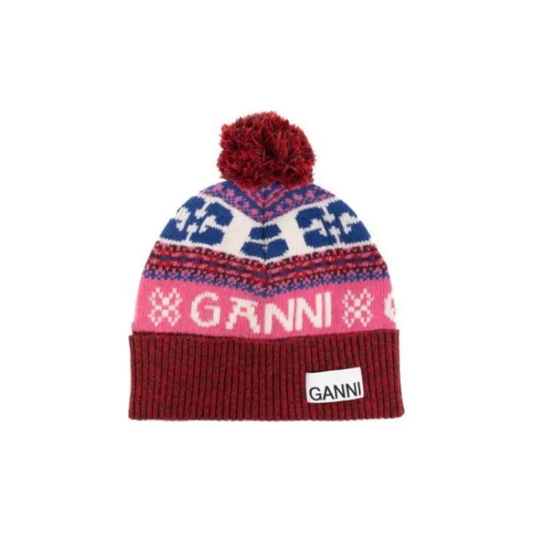 GANNI Logo Patch Pompom Detailed Beanie-1