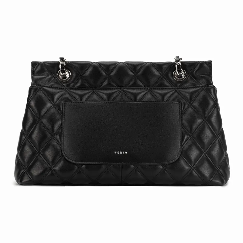 FERIA Natural Cow Leather Diamond Pattern Shopping Bag Shoulder Bag Medium Size Women's Black/Brown/Ecru-3