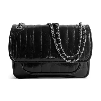 FERIA Cow Leather Messenger Bag Crossbody Bag Shoulder Bag Medium Size Women's Black