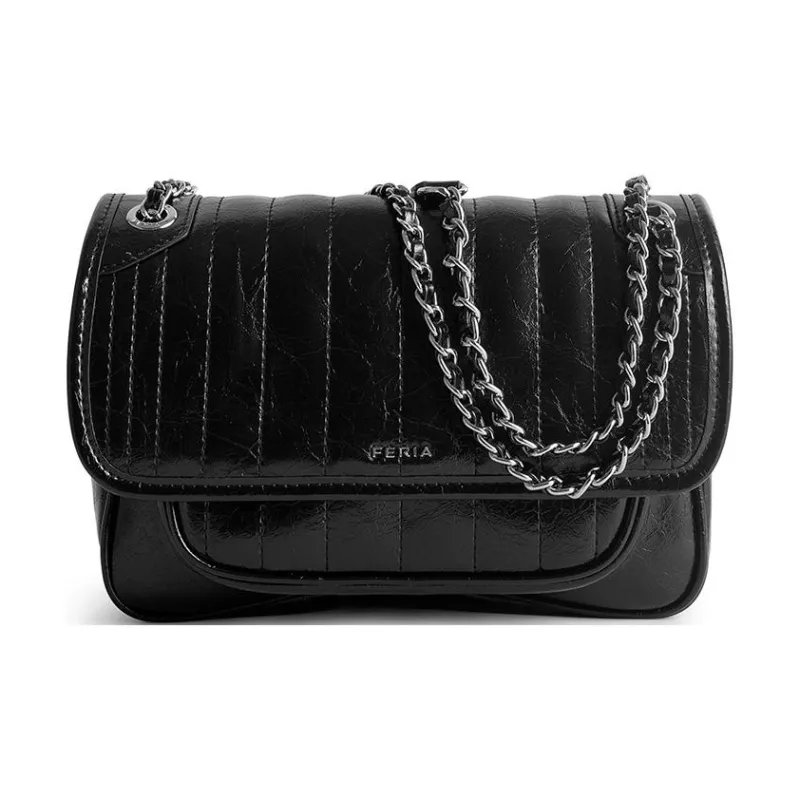 FERIA Cow Leather Messenger Bag Crossbody Bag Shoulder Bag Medium Size Women's Black-0