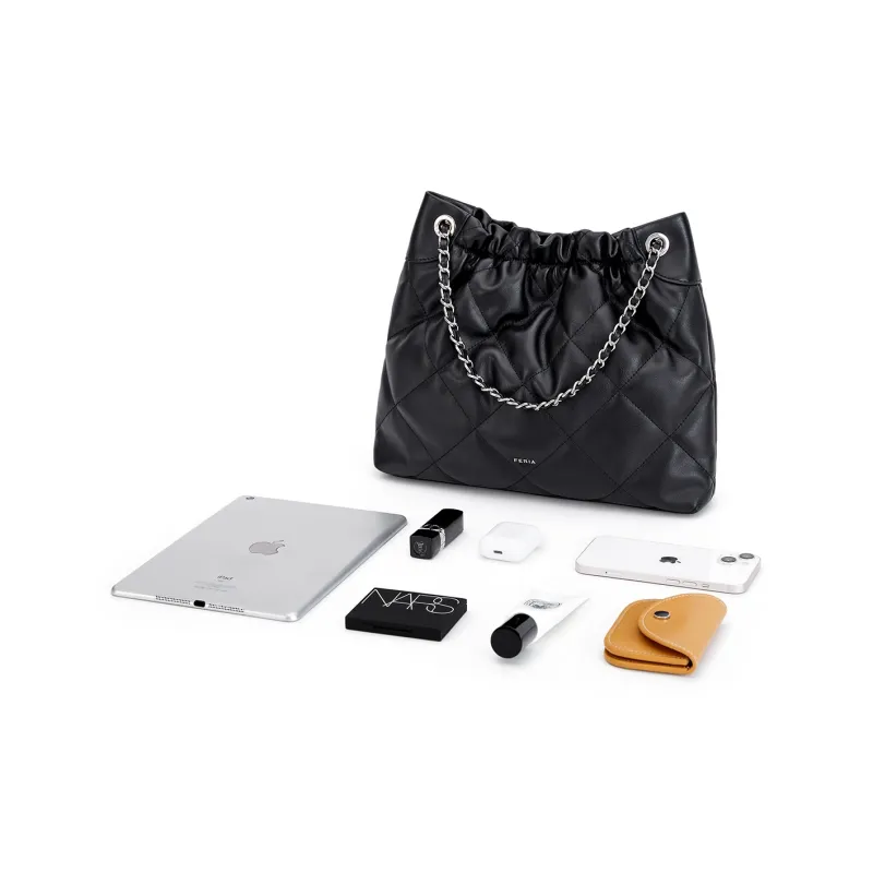 FERIA Cow Leather Diamond Pattern Pocket Shoulder Bag Medium Size Women's Black/Greige-5