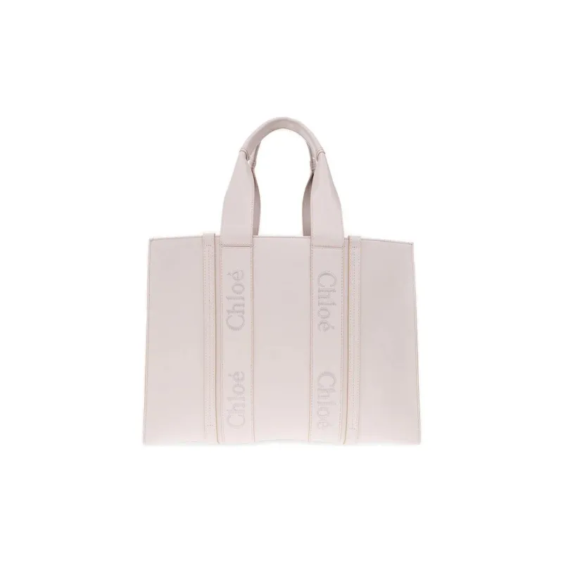 Chloe Woody Smooth Calf Leather Tote Bag Shopping Bag Handbag Large Size Women's White-0