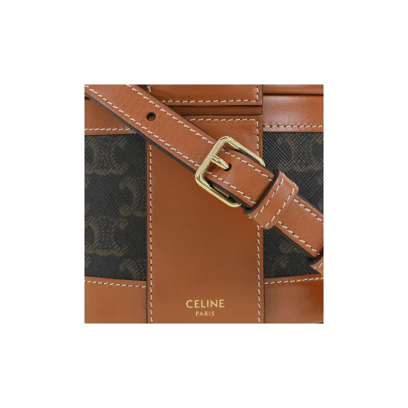 CELINE Tambour Fabric With Leather Lunch Bag, Handbag, Shoulder Bag, Crossbody Bag Medium Size Women's Tawny-4