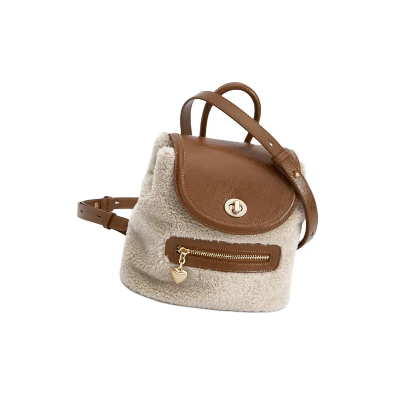 FERIA Monitor Lizard Leather Split Cow Leather Furry Backpack Medium Size Women's Brown-3