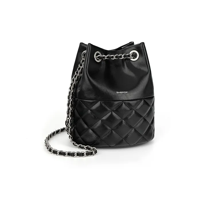 SHEPOK Cow Leather Shoulder Bag Women's Ecru/Silver/Black-10