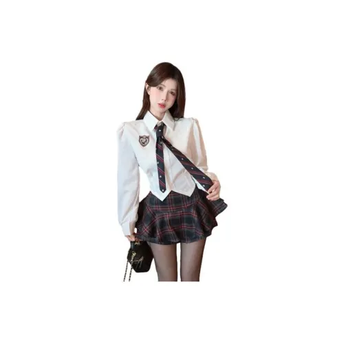 Spicy Gals Two Piece Skirt Sets Women's Set Shirts With Ties+Plaid Skirt And Pants