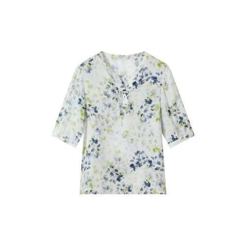 H-YXIANG T-Shirts Women's White Base With Gray And Yellow Small Floral Pattern