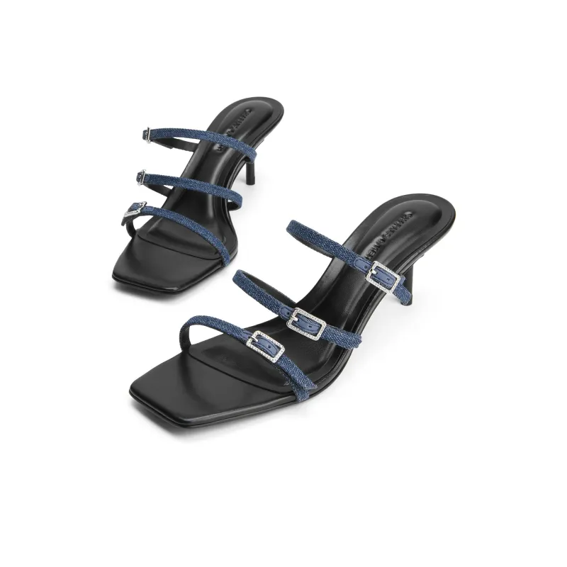 CHARLES&KEITH Composite Sole Slide Slippers 6.5cm Women's Black Patent Black/Silver/Dark Denim Blue-12