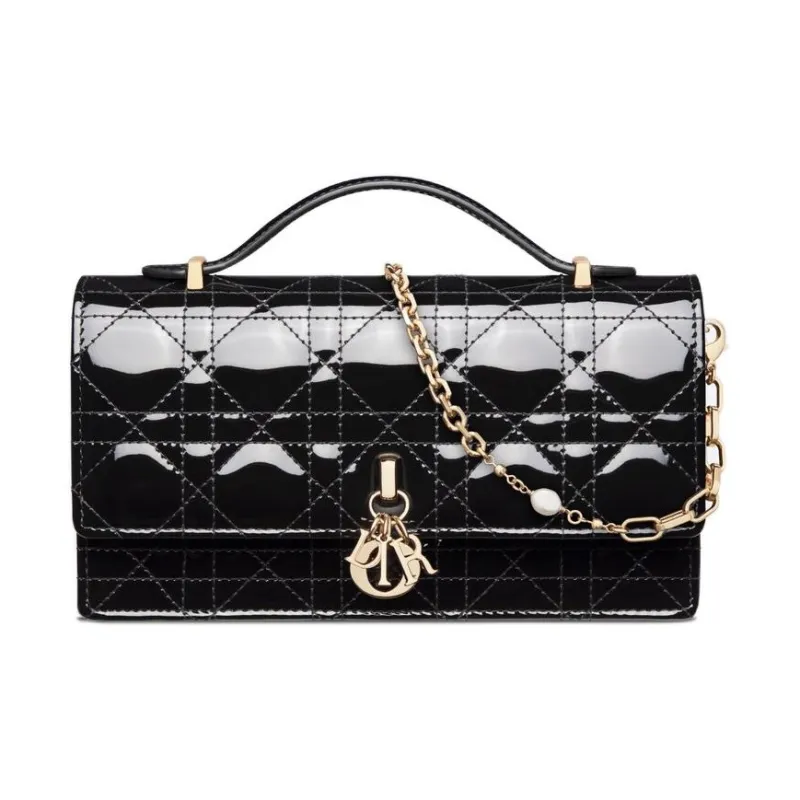 DIOR Patent Leather Cowhide Shoulder Bag Crossbody Bag Handbag Mini Women's Black-0