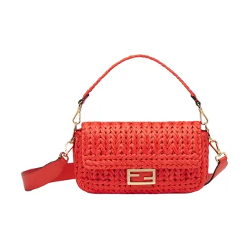 FENDI Baguette Raffia With Leather Shoulder Bag Crossbody Bag Handbag Medium Size Women's Red
