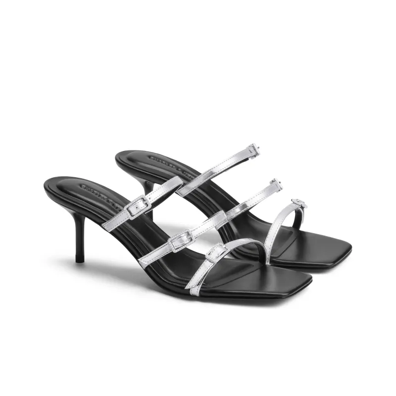 CHARLES&KEITH Composite Sole Slide Slippers 6.5cm Women's Black Patent Black/Silver/Dark Denim Blue-6