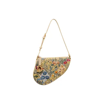 DIOR Saddle Embroidered Patchwork Raffia Saddle Bag One Shoulder Clutch Women's Natural Multicolor