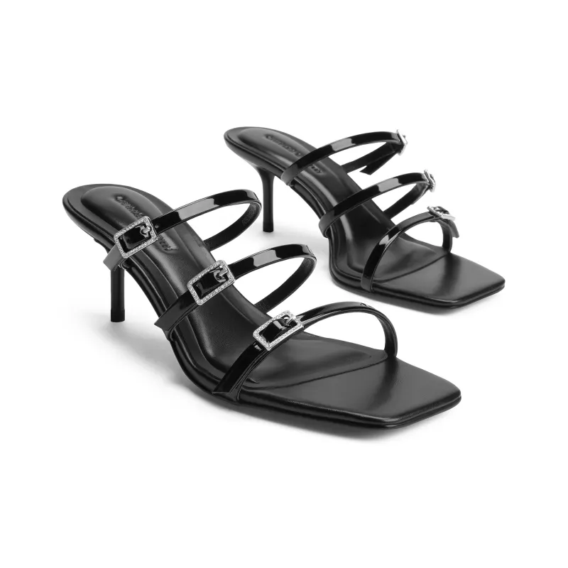 CHARLES&KEITH Composite Sole Slide Slippers 6.5cm Women's Black Patent Black/Silver/Dark Denim Blue-2