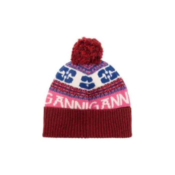 GANNI Logo Patch Pompom Detailed Beanie