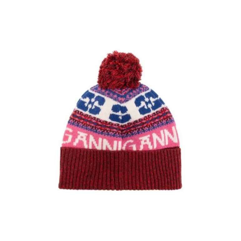 GANNI Logo Patch Pompom Detailed Beanie-0