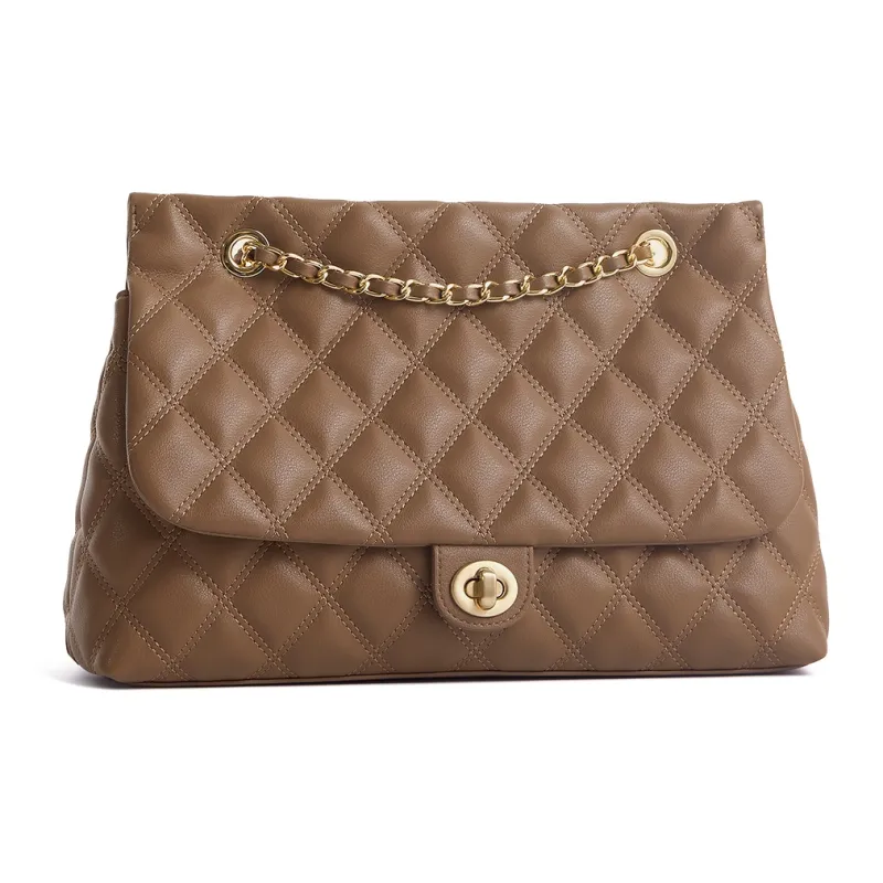FERIA Natural Cow Leather Diamond Pattern Shopping Bag Shoulder Bag Medium Size Women's Black/Brown/Ecru-16