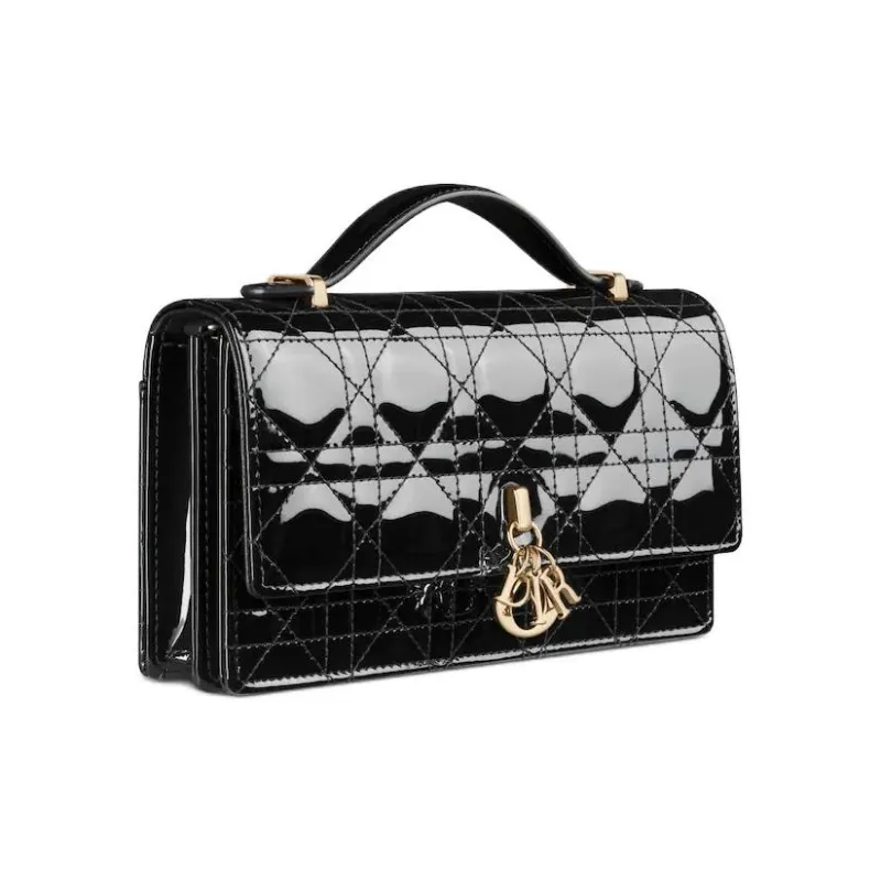DIOR Patent Leather Cowhide Shoulder Bag Crossbody Bag Handbag Mini Women's Black-2