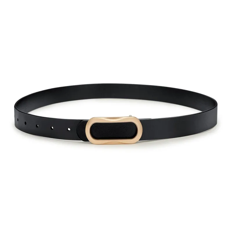 WilliamPOLO Cow Leather Leather Belts Women's Gold Buckle Black Strap 3.5cm Width-2
