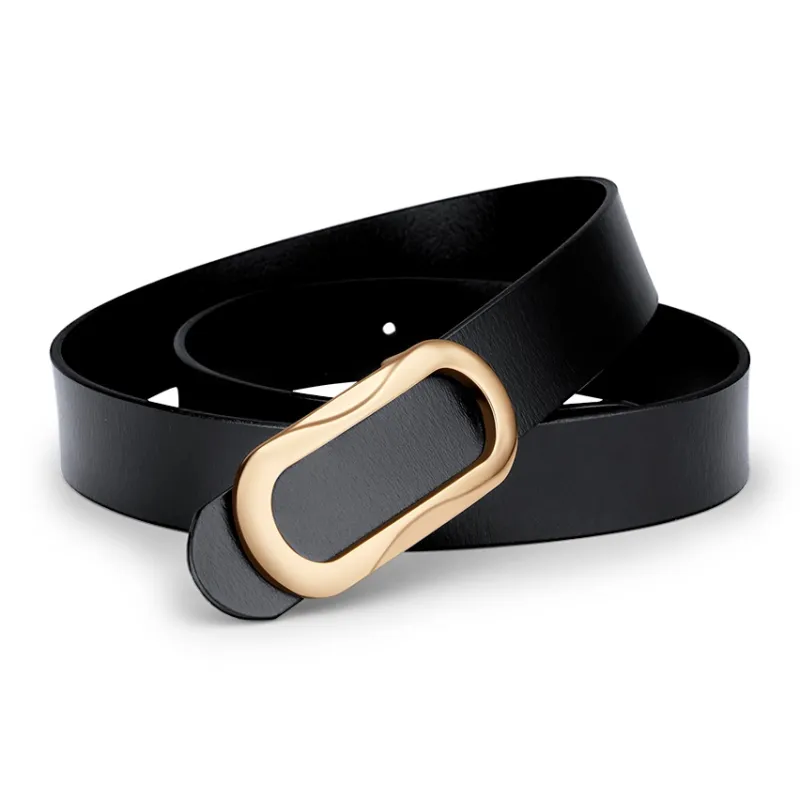 WilliamPOLO Cow Leather Leather Belts Women's Gold Buckle Black Strap 3.5cm Width-5