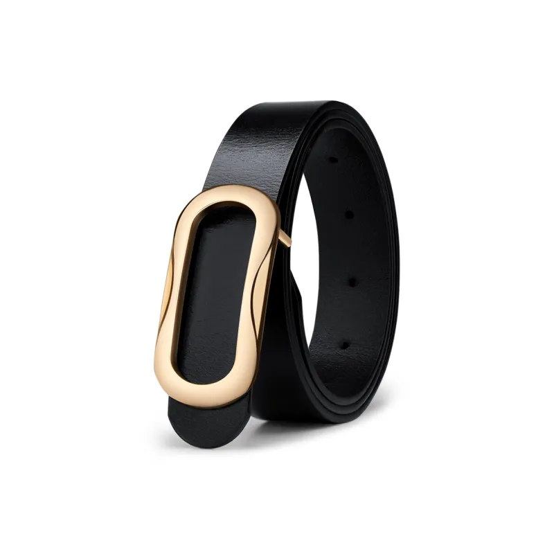 WilliamPOLO Cow Leather Leather Belts Women's Gold Buckle Black Strap 3.5cm Width-1