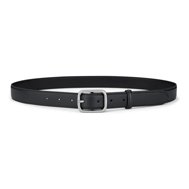 WilliamPOLO Cow Leather Leather Belts Women's Silver Buckle Black Strap Width 2.8cm-2