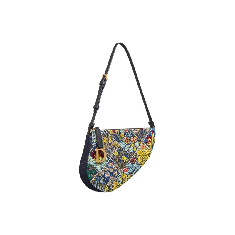 DIOR Raffia Embroidered Denim Saddle Bag Handheld Handbag Women's Blue Multicolor-1