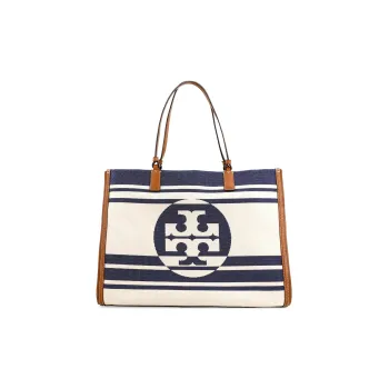 TORY BURCH Ella Jacquard Fabric Cow Leather Tote Bag Shopping Bag Shoulder Bags Women's Marine Blue