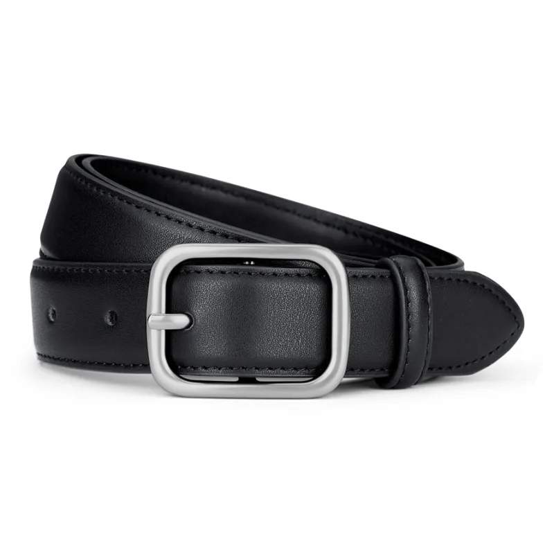 WilliamPOLO Cow Leather Leather Belts Women's Silver Buckle Black Strap Width 2.8cm-5