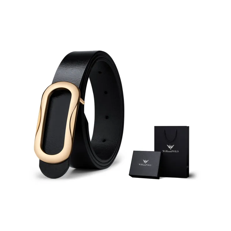 WilliamPOLO Cow Leather Leather Belts Women's Gold Buckle Black Strap 3.5cm Width-0