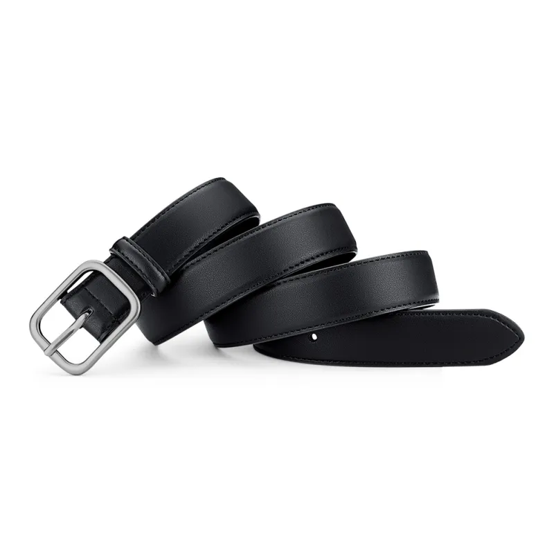 WilliamPOLO Cow Leather Leather Belts Women's Silver Buckle Black Strap Width 2.8cm-3