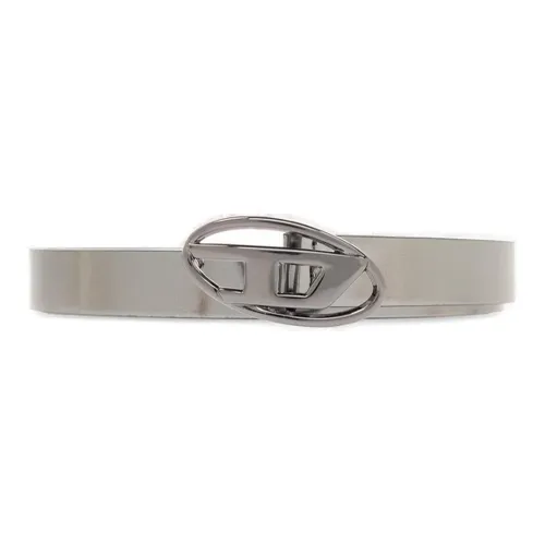 DIESEL Logo Badge With Buckle, Smooth Buckle Leather Belts Women's Silver Width 2CM
