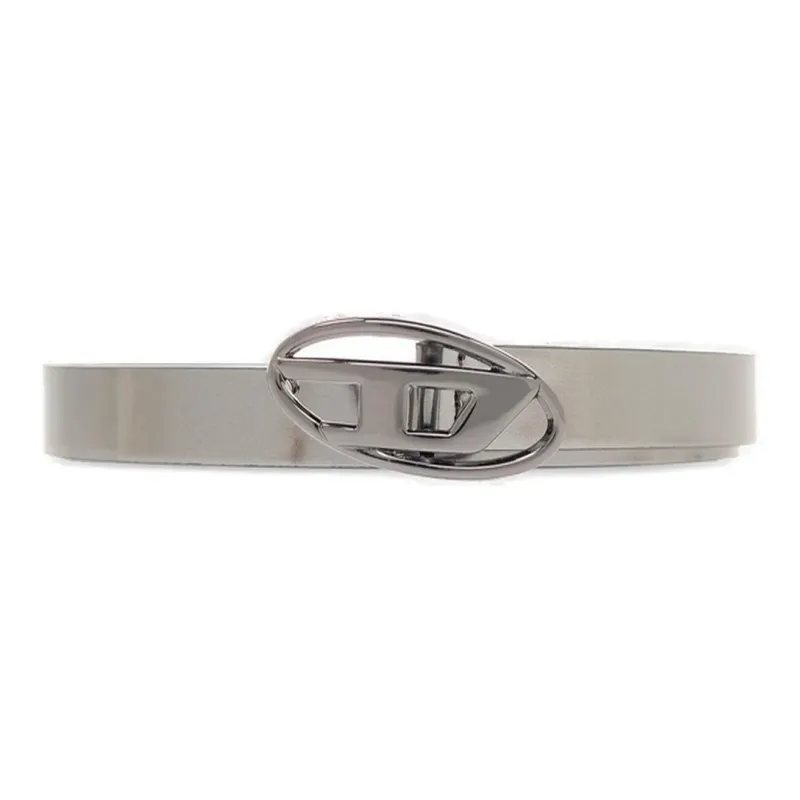 DIESEL Logo Badge With Buckle, Smooth Buckle Leather Belts Women's Silver Width 2cm-0