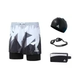 Black and White Swim Trunks+Swim Goggles+Swimming Cap+Swim Bag