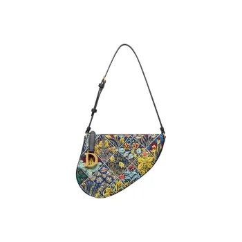 DIOR Raffia Embroidered Denim Saddle Bag Handheld Handbag Women's Blue Multicolor