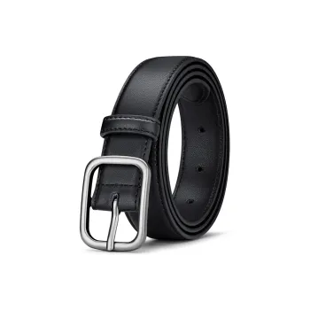 WilliamPOLO Cow Leather Leather Belts Women's Silver Buckle Black Strap Width 2.8cm