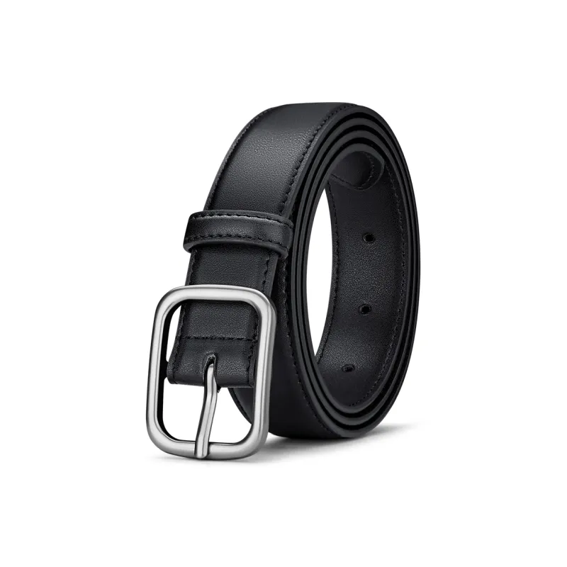 WilliamPOLO Cow Leather Leather Belts Women's Silver Buckle Black Strap Width 2.8cm-0
