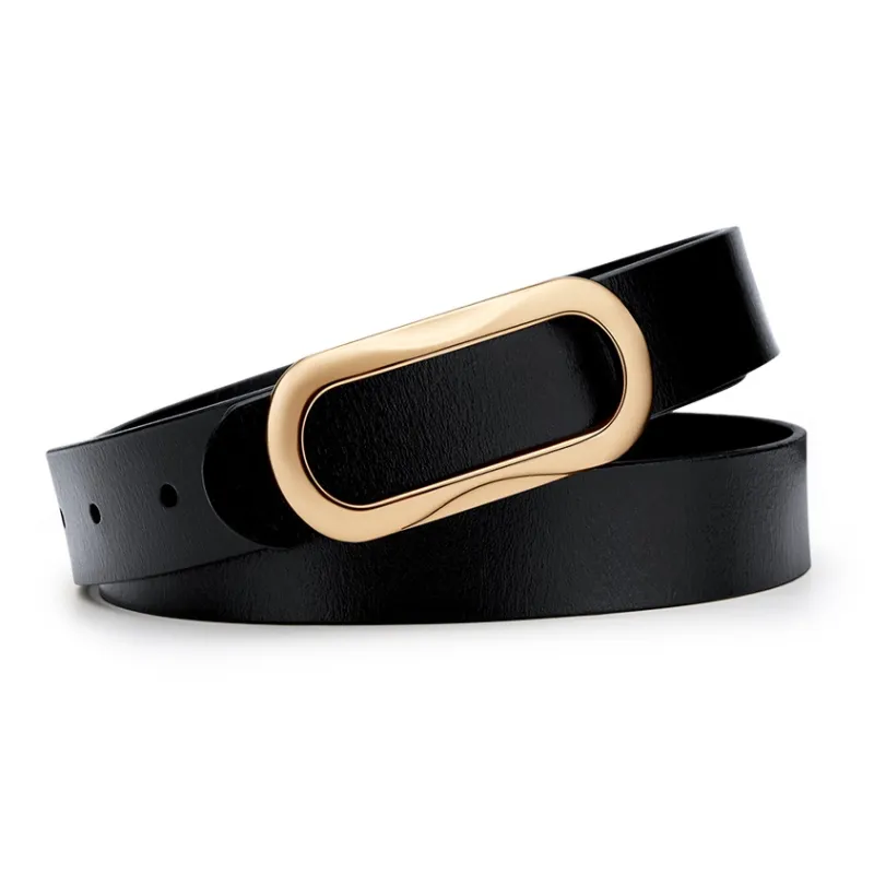 WilliamPOLO Cow Leather Leather Belts Women's Gold Buckle Black Strap 3.5cm Width-3