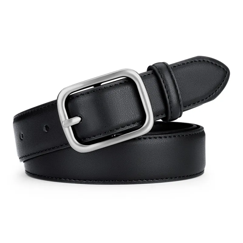 WilliamPOLO Cow Leather Leather Belts Women's Silver Buckle Black Strap Width 2.8cm-4